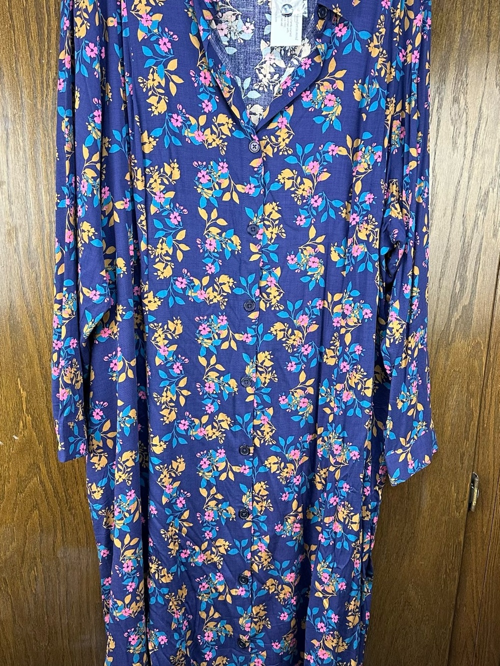 National Women’s 3X Floral Maxi Dress Navy Blue Button Front Long Sleeve Boho